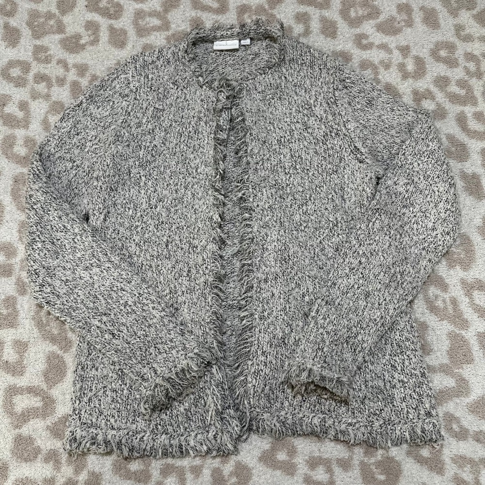 Anthropologie Cardigan Sweater Grey White Marled Fringe XS